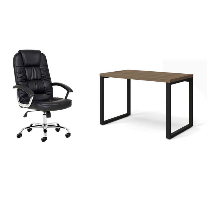 Conjunto de Mesa Munique Carvalho 120 cm com Cadeira de Escritório Presidente Giratória com Relax Finland Preta