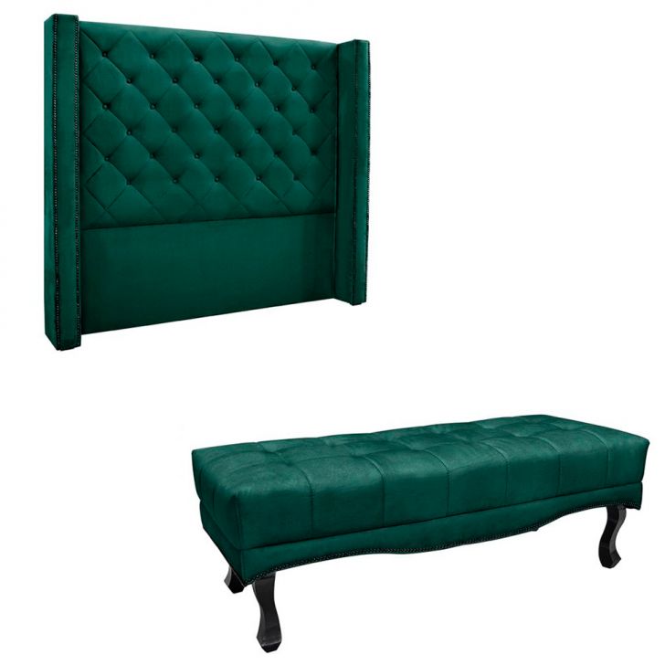 Conjunto de Cabeceira Solteiro com Recamier Vicenza Veludo Verde