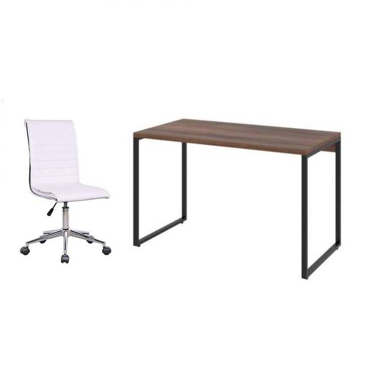 Conjunto de Mesa Kuadra Nogal 120 cm com Cadeira de Escritório Secretária Giratória Marilyn Branca