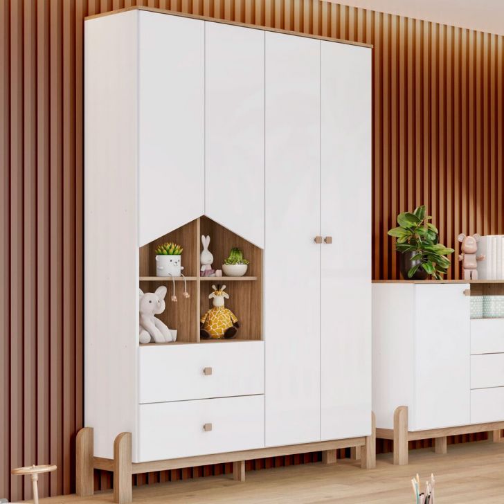 Guarda-Roupa Infantil Ternura 4 Portas 2 Gavetas Branco e Jequitibá