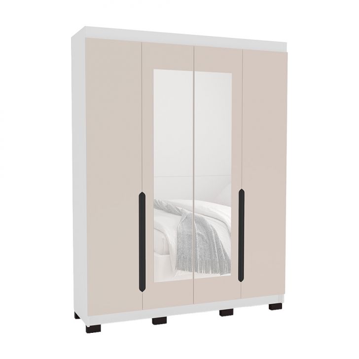 Guarda-roupa Solteiro Com Espelho Madrid 4 Portas 4 Gavetas Branco E Creme