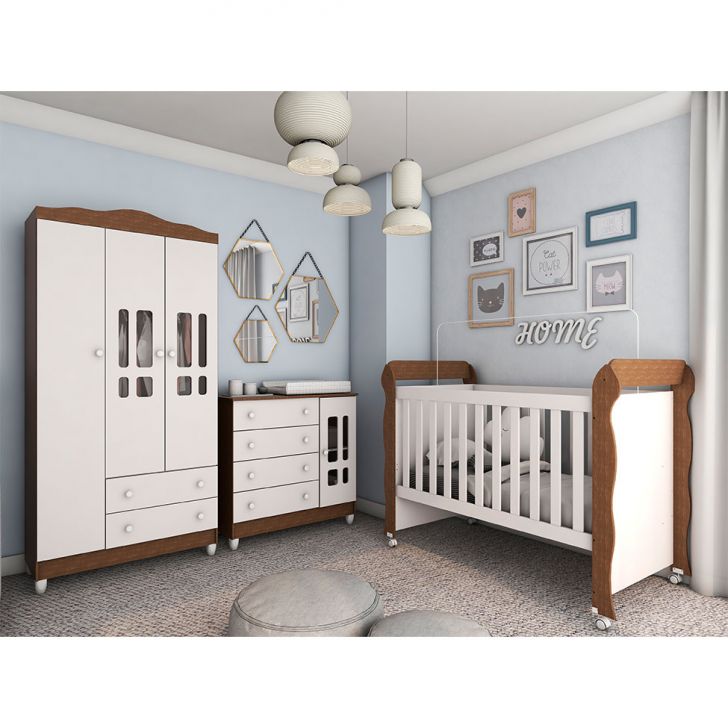 Quarto De Bebê Ariel Ii Berço Guarda-roupa Cômoda Branco E Marrom Infantil