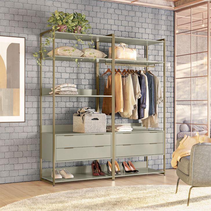 Guarda-roupa Closet Industrial Mital 4 Gavetas Off White E Dourado 178 Cm
