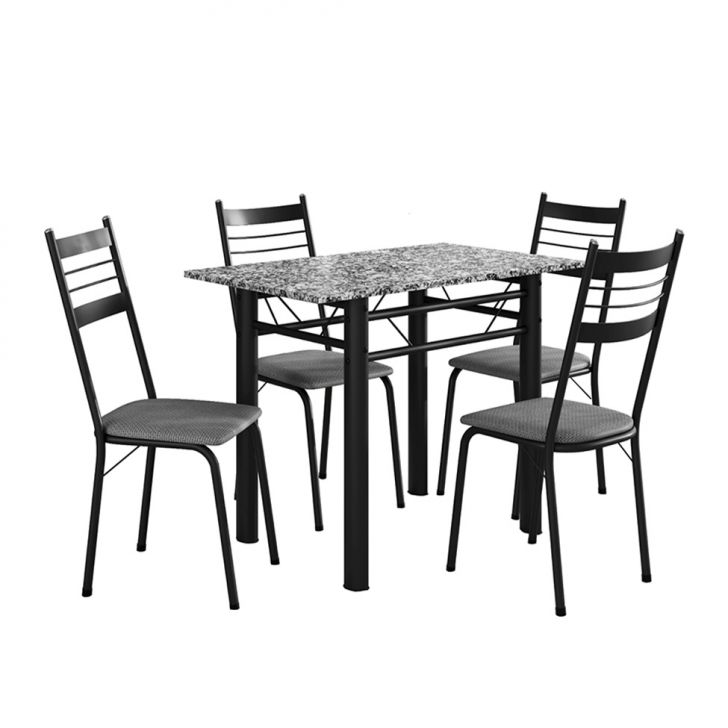 Conjunto De Mesa Retangular Com Tampo De Granito E 4 Cadeiras Palma Revestimento Sintético Platina E Preto 100 Cm