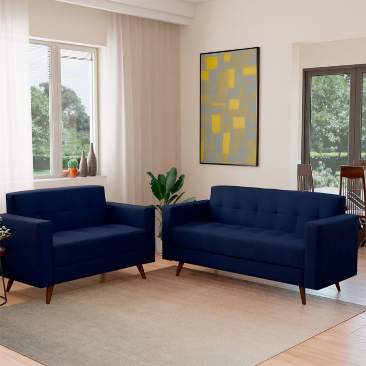 Conjunto De Sofá 2 E 3 Lugares Vitrola Suede Azul