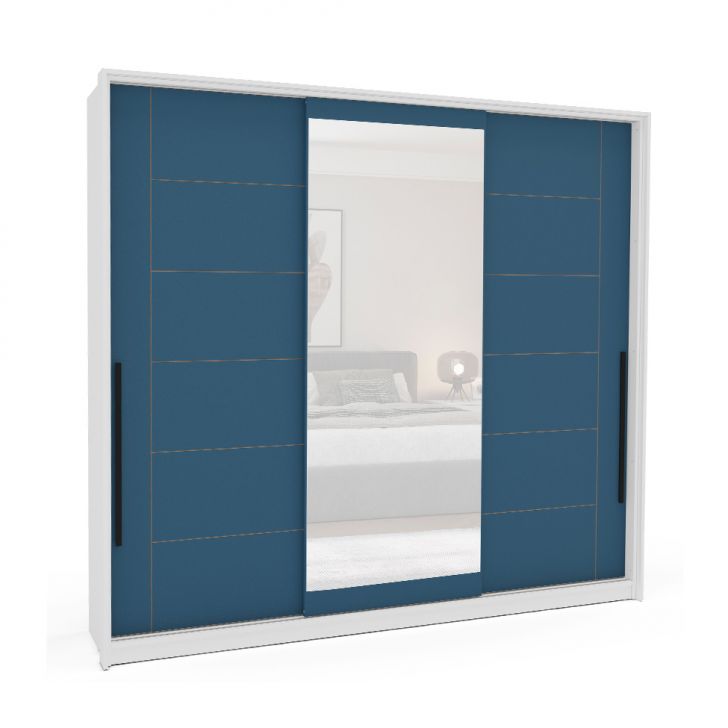 Image of Guarda-roupa Casal Com Espelho Lisboa 3 Portas 4 Gavetas Branco E Azul PLA-MO895CL74ORPMOB