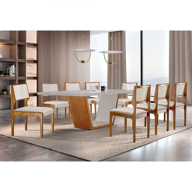 Conjunto De Mesa De Jantar Com Tampo De Vidro Off White Luna E 8 Cadeiras Palazzo Linho Bege E Imbuia