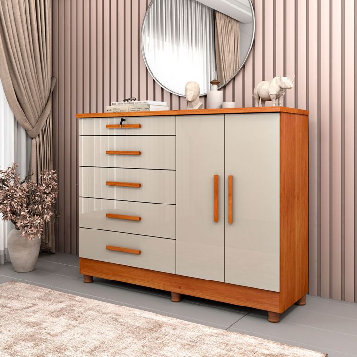 Cômoda Istambul com Pés 2 Portas 5 Gavetas Cinamomo e Off White