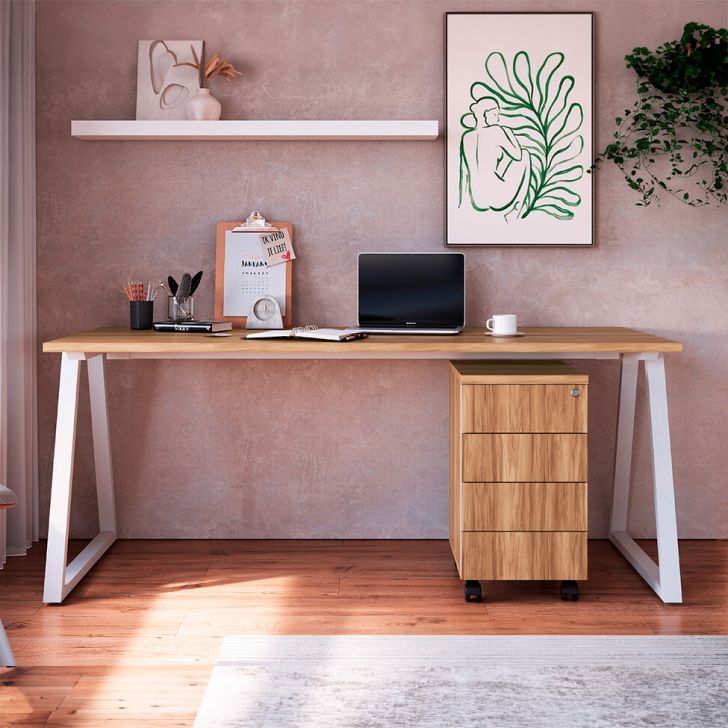 Escrivaninha Retangular com Gaveteiro 4 Gavetas Concept Nogal e Branca 160 cm