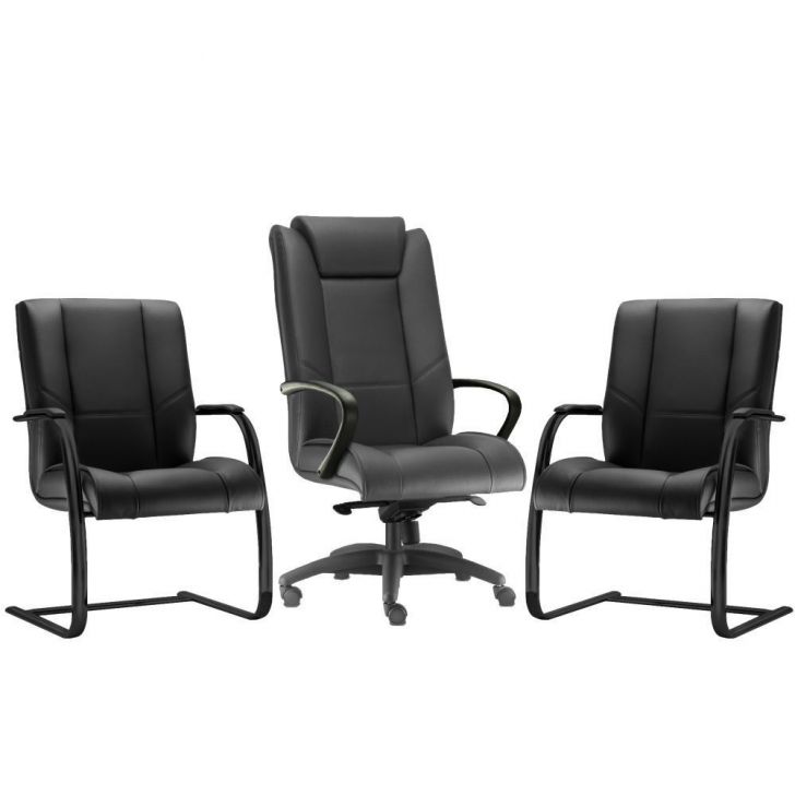 Kit Cadeira de Escritório Presidente com 02 Cadeiras Fixas New Onix F02 Couro Ecológico Preto - Lyam Decor