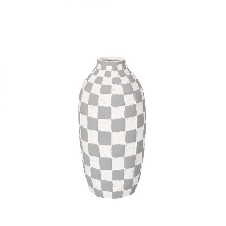 Vaso Xadrez Grillo Branco e Cinza 23 cm