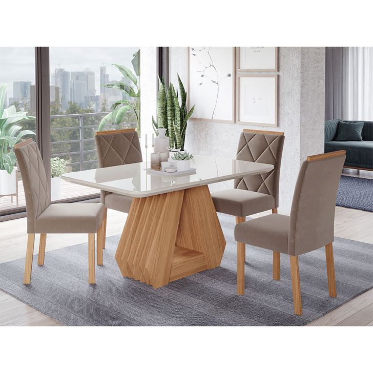 Conjunto De Mesa De Jantar Com Tampo De Vidro Off White Agata E 4 Cadeiras Fernanda Suede Joli E Nature