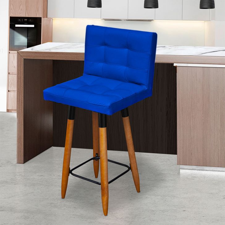 Banqueta Grace Alta Para Areá Gourmet E Balcão Cozinha Corino Azul Royal Pé Castanho - Clique E Decore