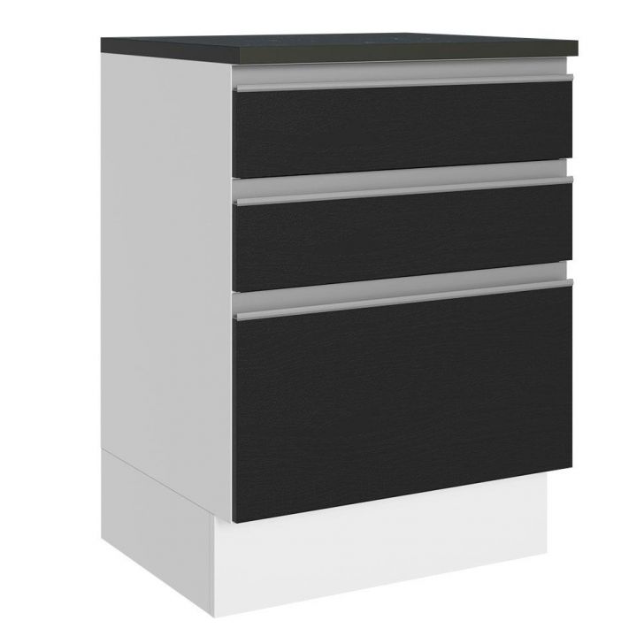Balcão Armário de Cozinha 100% MDF 60 cm 3 Gavetas Branco/Preto Acordes Madesa