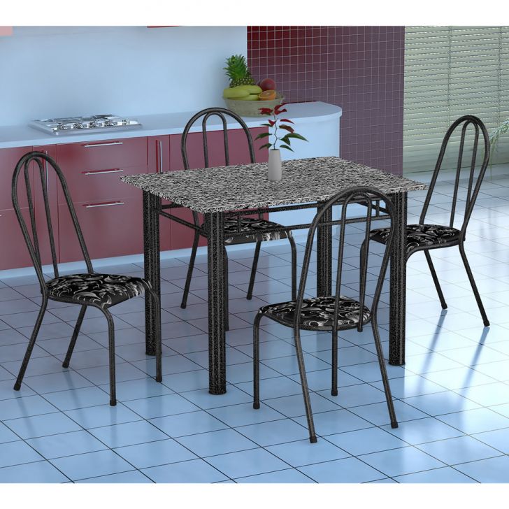 Conjunto De Mesa Genova Com 4 Cadeiras Alicante Preto Prata E Preto Floral