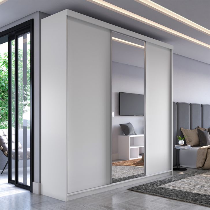 Image of Guarda-roupa Casal Com 1 Espelho Genebra 100% Mdf 3 Portas 4 Gavetas Branco PLA-MO895CL64NNNMOB