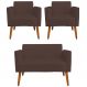 Conjunto Namoradeira e 2 Poltronas Decorativas Isabella Pés Palito Madeira Suede Marrom G19 - Gran Belo