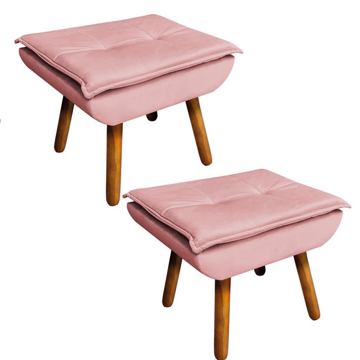 Kit 02 Puffs Opala Veludo Rosê Pés Palito Castanho - D'Rossi