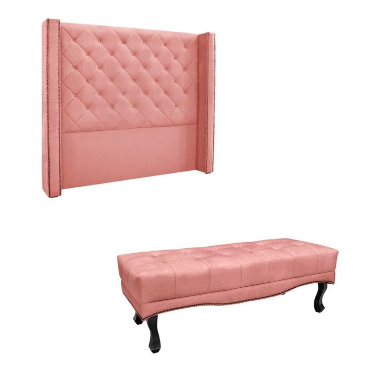 Conjunto de Cabeceira Casal com Recamier Vicenza Veludo Rosa
