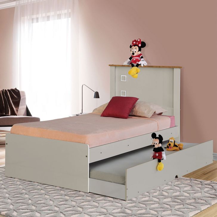 Cama com Cama Auxiliar Barcelona Off White e Madeira