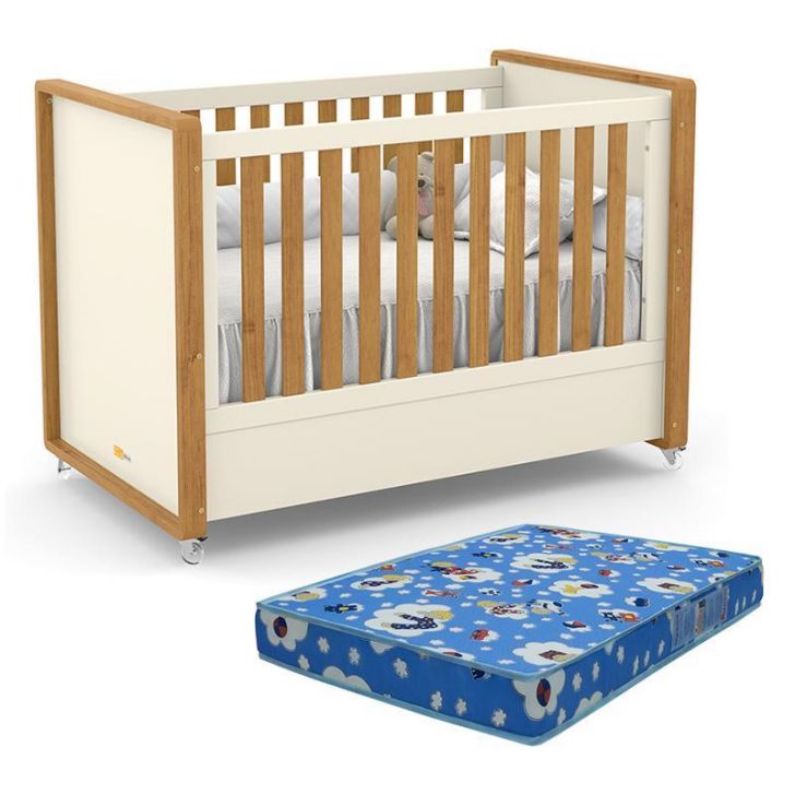 Berço Americano Tutto New Off White/Freijó e Colchão Baby Physical - Matic Móveis