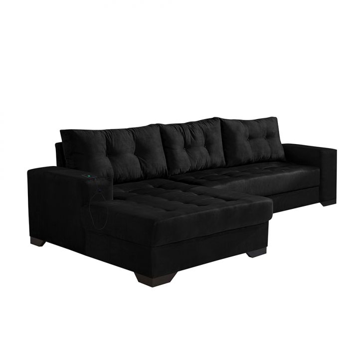 Sofá 5 Lugares Dijon Com Chaise Esquerdo E Entrada Usb Suede Preto