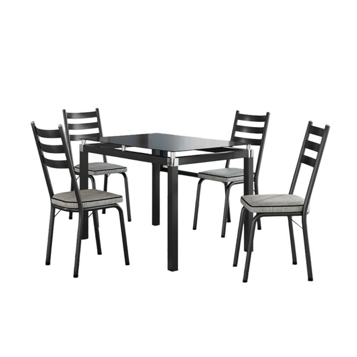 Conjunto De Mesa Retangular Com Tampo De Vidro Malva E 4 Cadeiras New Revestimento Sintético Grafiato E Preto 107 Cm