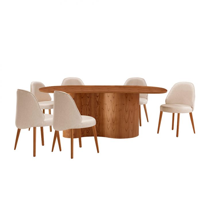 Mesa De Jantar Orgânica Com Tampo Laminado E 6 Cadeiras Floripa Linho Off White E Imbuia Natural
