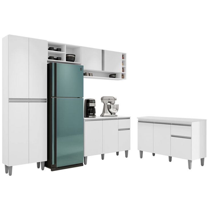 Cozinha Compacta Vanessa e Balcão Gabinete Com Tampo Tatiane 120cm Branco - AJL Móveis