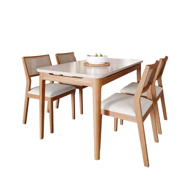 Conjunto De Mesa Retangular Com Tampo De Vidro Off White Baobá E 4 Cadeiras Oiti Linho Cru E Madeira 130 Cm