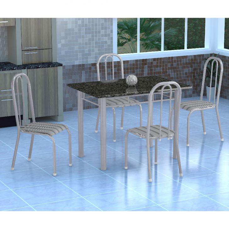 Conjunto De Mesa Genebra Com 4 Cadeiras Madri Branco Prata E Preto Listrado