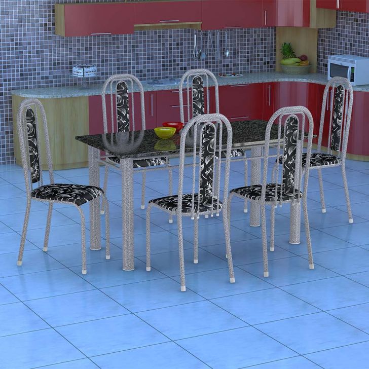 Conjunto De Mesa Com 6 Cadeiras Granada Prata E Preto Floral Gr