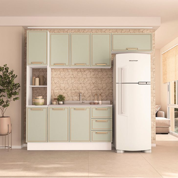 Image of Cozinha Compacta Sem Tampo Com Rodapé Amara 8 Portas 3 Gavetas Verde E Branca PLA-MO895CL64PTJMOB