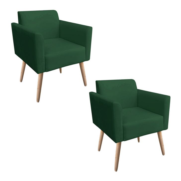 Kit 02 Poltronas Marisa Suede Verde Pés Palito Natural D'Rossi
