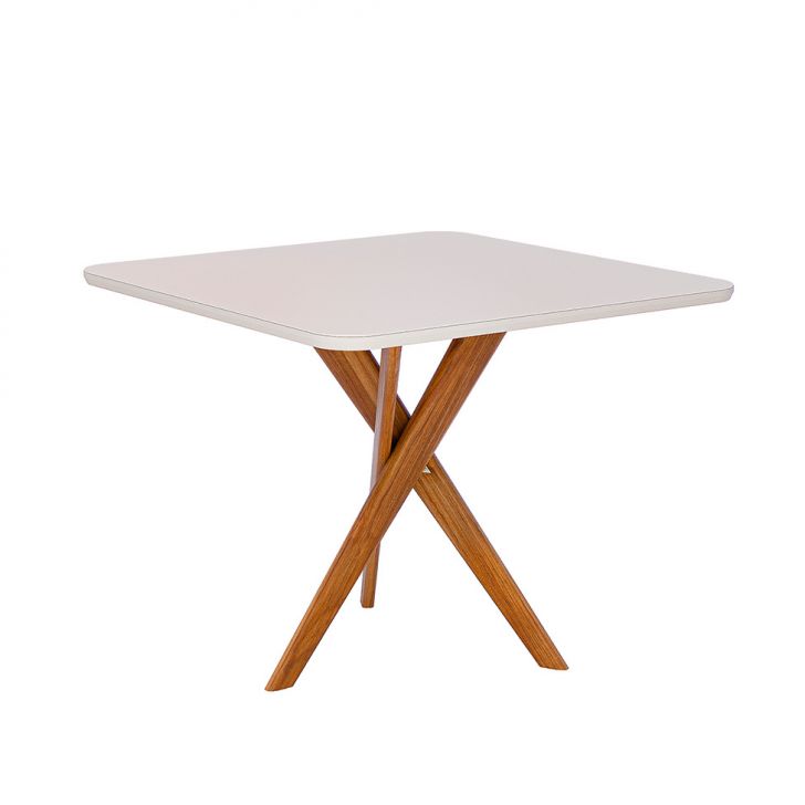 Mesa de Jantar Quadrada com Tampo de Vidro Cacau Off White e Madeira 95 cm