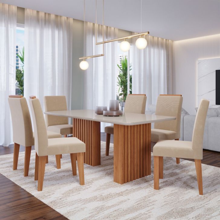 Conjunto De Mesa Retangular Com Tampo De Vidro Off White Ester E 6 Cadeiras Tais E Maia Suede Bege E Amadeirado