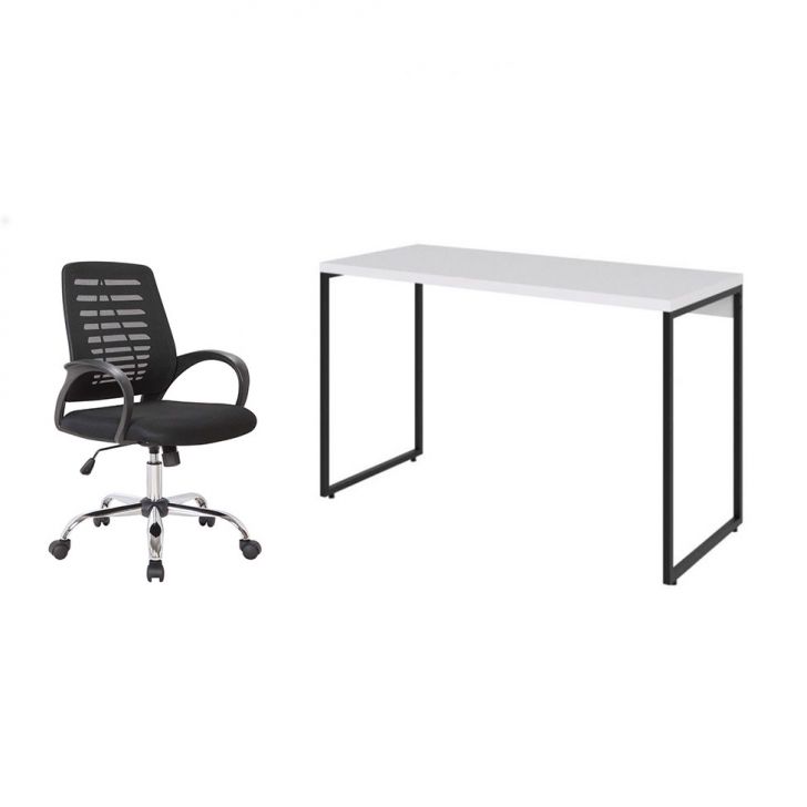 Conjunto de Mesa Studio Branca 120 cm com Cadeira de Escritório Secretária Giratória Light Preta