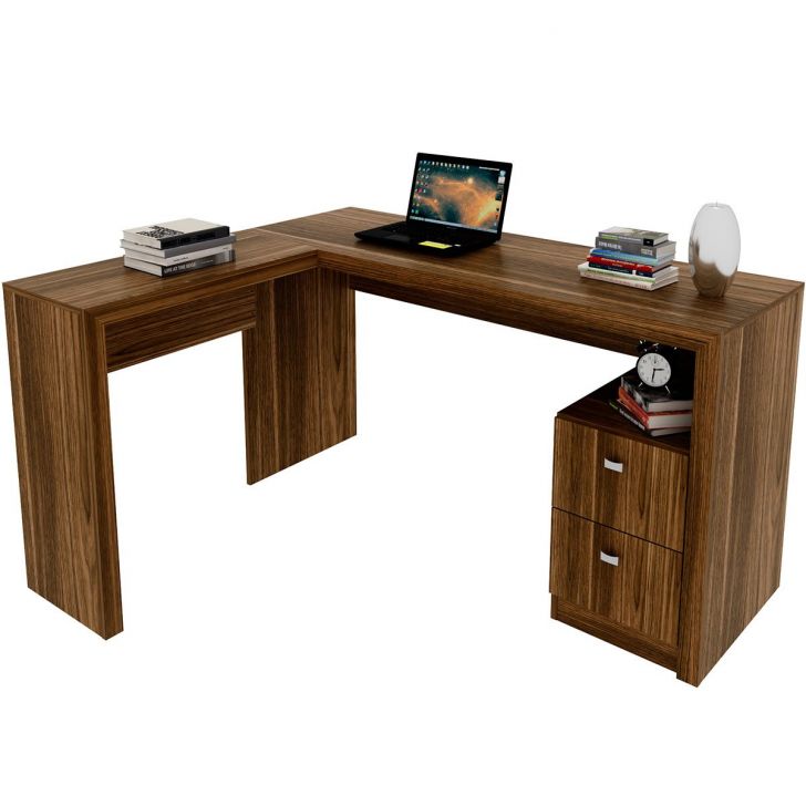 Mesa de Canto para Escritório em L Angular com 2 Gavetas Nogal