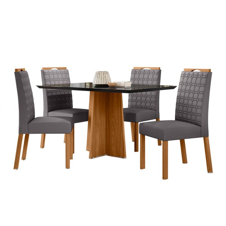 Conjunto de Mesa Retangular com Tampo de Vidro Preto Anitta e 4 Cadeiras Mariana Poliéster Cinza e Ypê