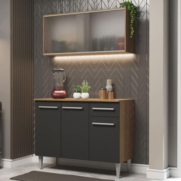 Cozinha Compacta Madesa Emilly 105001 com Armário e Balcão - Rustic/Preto