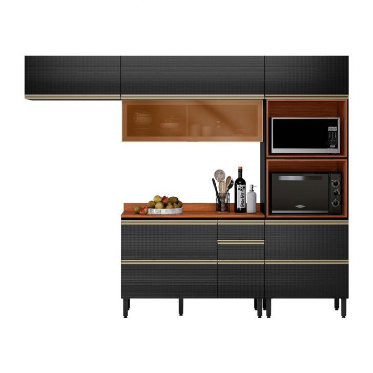 Armário de Cozinha Compacta com Vidro Reflecta Proença 6 Portas 5 Gavetas Carbono e Nogueira