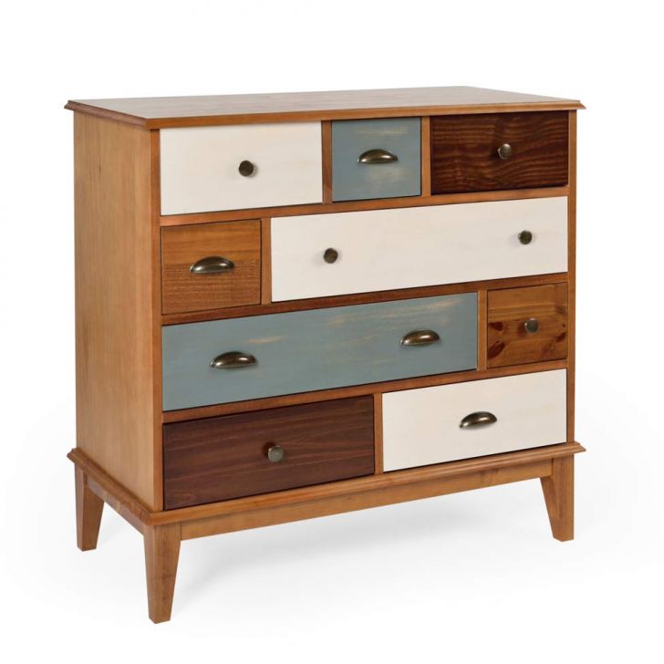Cômoda Colors Madeira Maciça 9 Gavetas Castanho Verniz e Colorido Envelhecido