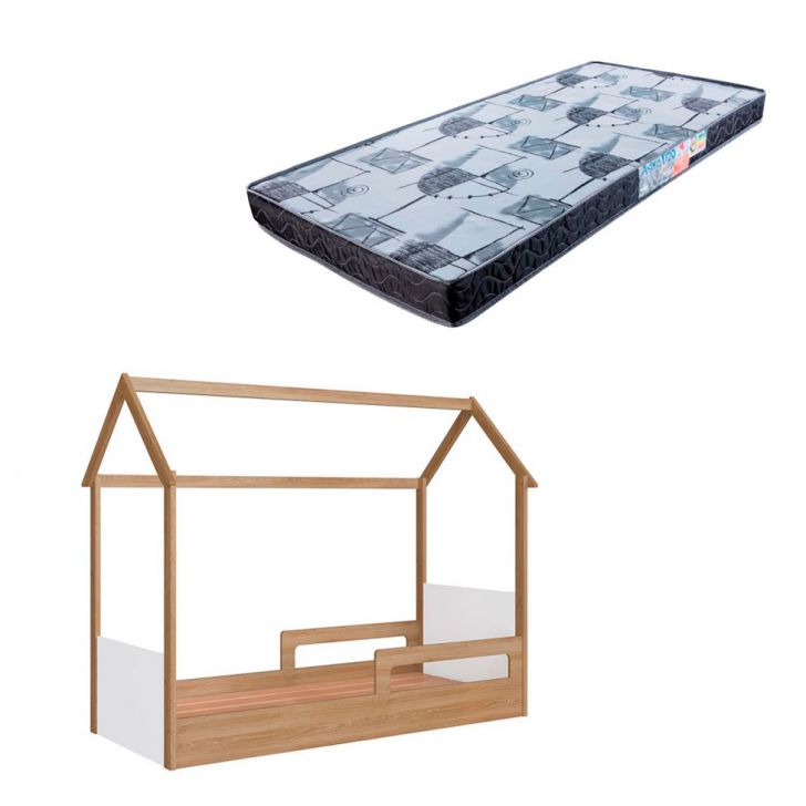 Cama Infantil Montessoriana Miney Aveiro e Branco com Colchão Astra D20 Preto e Cinza