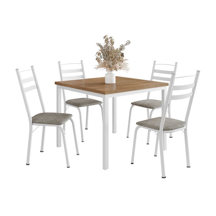 Conjunto De Mesa Quadrada Com Tampo Mdp E 4 Cadeiras Adriana Revestimento Sintético Grafiato E Branco