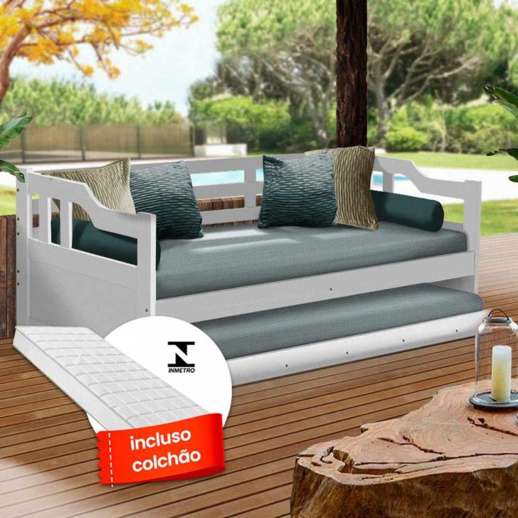 Sofá cama solteiro de madeira maciça com cama auxiliar e colchão Atraente branca