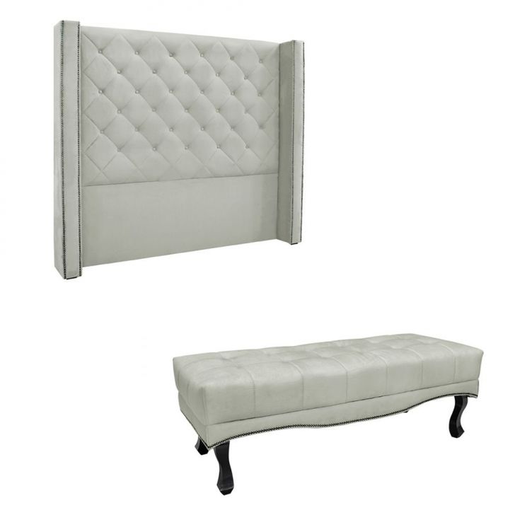 Conjunto de Cabeceira Queen com Recamier Vicenza Veludo Prata
