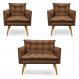 Kit 2 Poltronas e Namoradeira 2 Lugares Olivia Suede Marrom Pés Palito Castanho - Pallazio