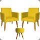 Kit 2 Poltronas Decorativas Reforçadas Para Sala Nina + Puff Redondo Suede Amarelo Pé Castanho - Clique E Decore