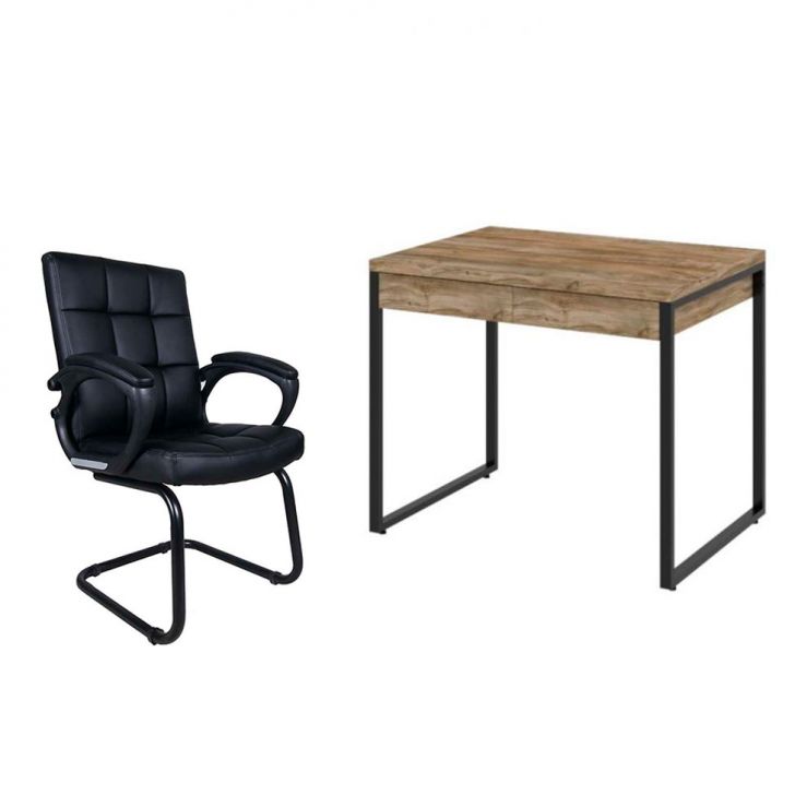 Conjunto de Mesa Kuadra 2 GV Carvalho com Cadeira de Escritório Interlocutor Fixa Charles Preta