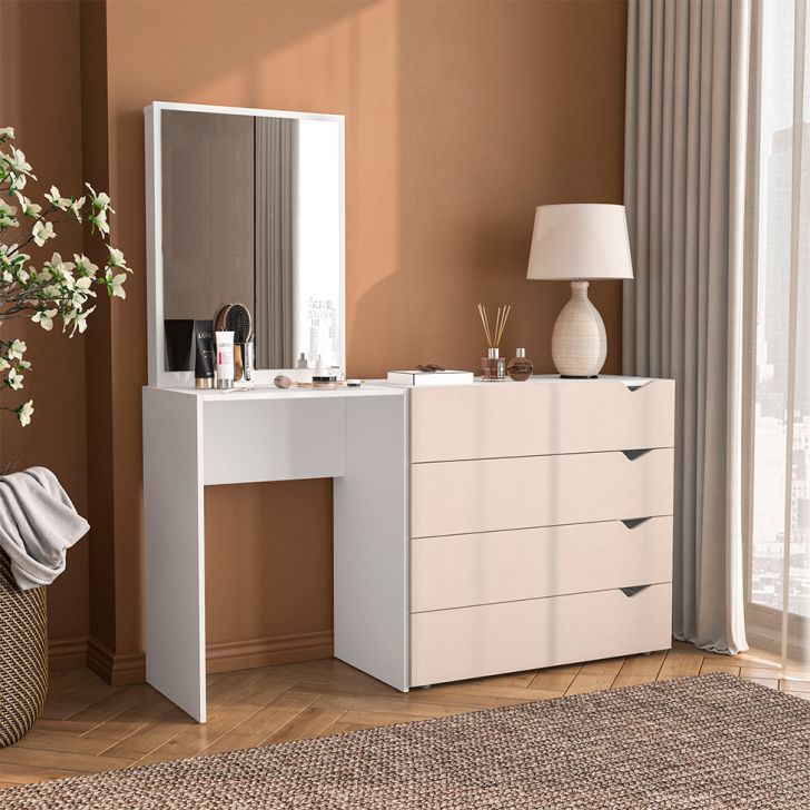 Cômoda com Espelho Porto 4 Gavetas Branca e Creme